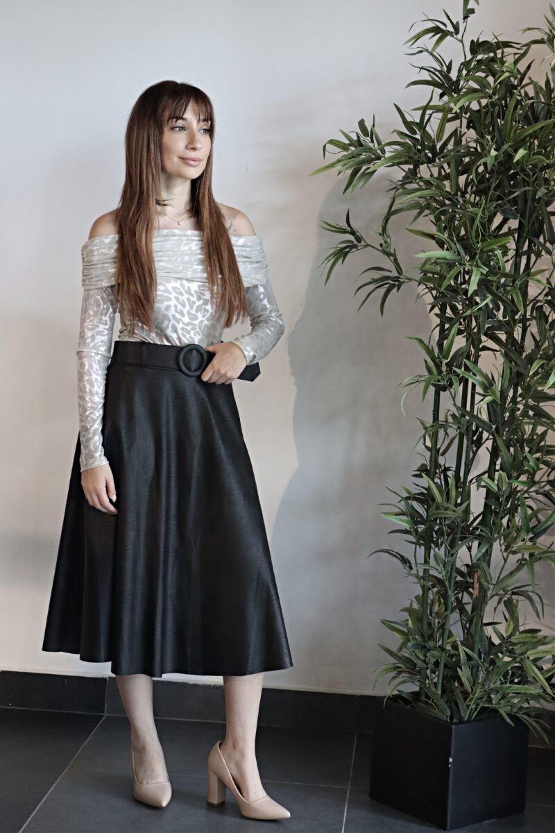 Faux Leather Round Belt Long Skirt