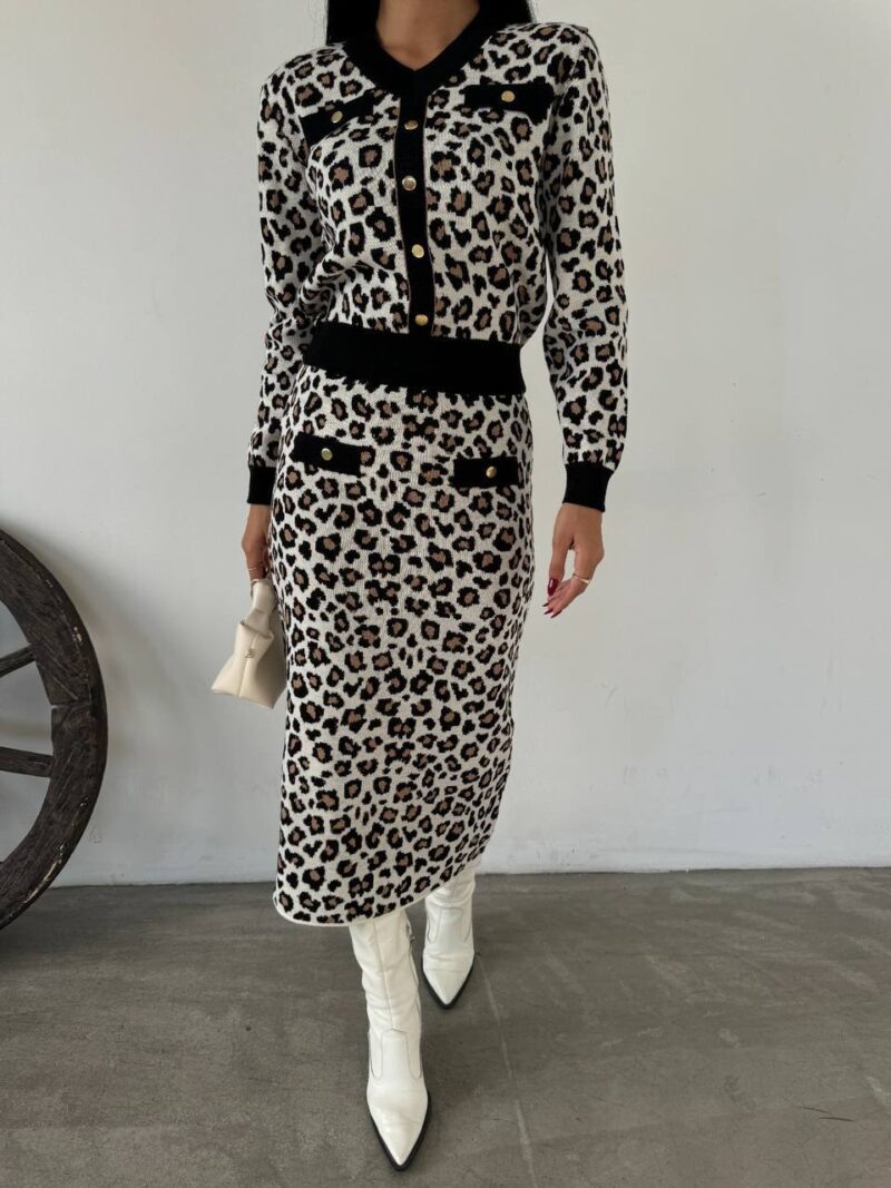 Animal Print Knitted Top & Long Skirt Set