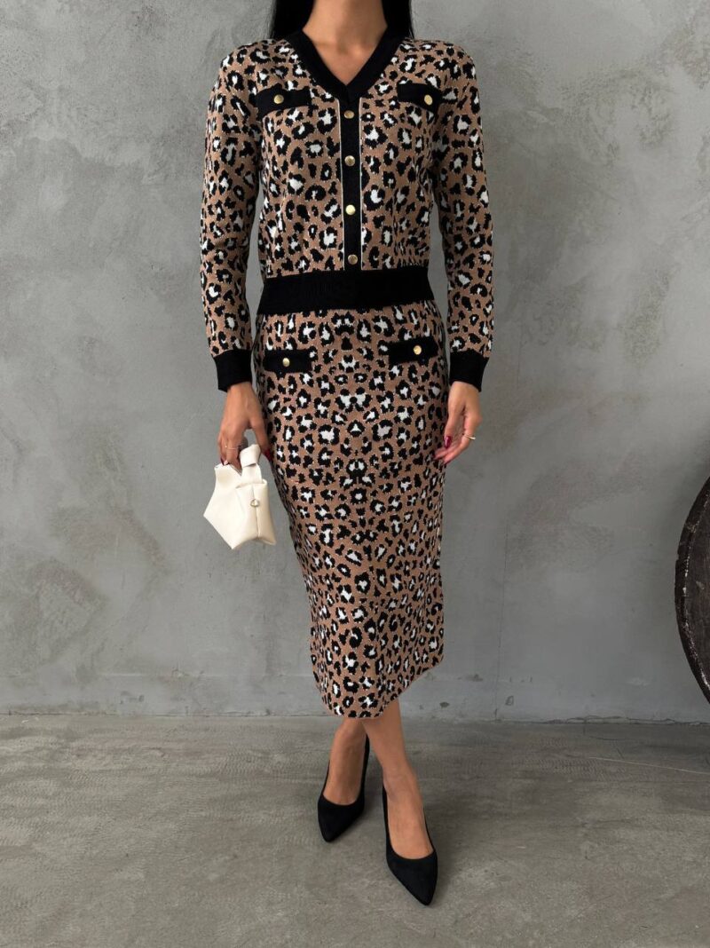 Animal Print Knitted Top & Long Skirt Set