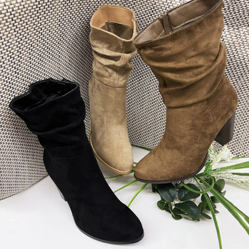 Wrinkled Top Suede Block Heel Boots