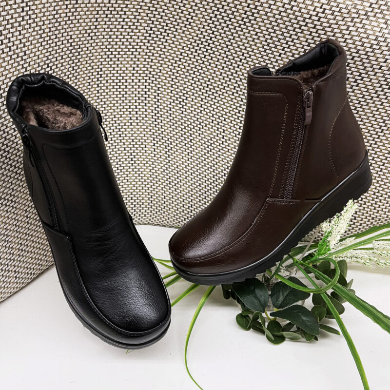 Low Wedge Faux Leather Fur Ankle Boots