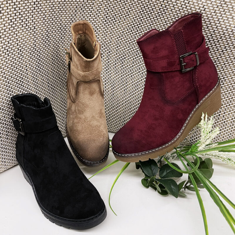 Suede Buckle & Wedge Heel Boots