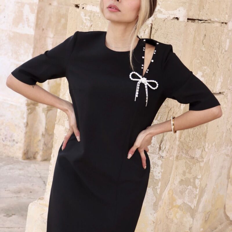 Noir Pearl Bow Accent Dress