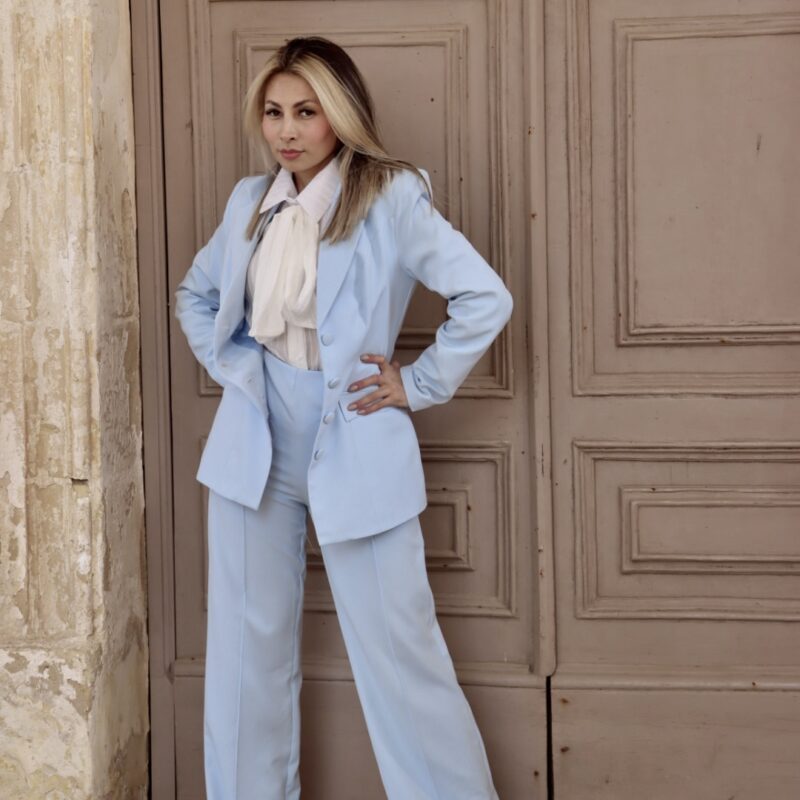 Sky Blue High-Waist Wide-Leg Trousers with Elegant Flowing Fit