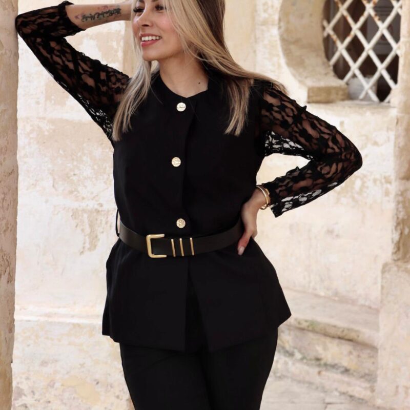 Noir Lace Sleeve Belted Blazer Vest