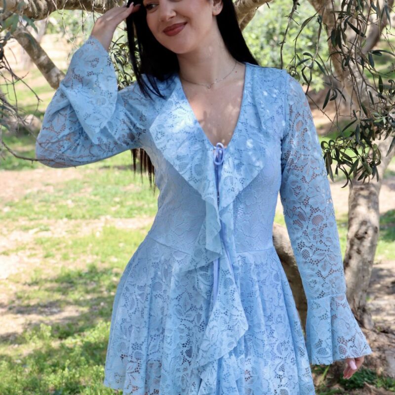 Lace Ruffle Mini Dress with Long Sleeves and Romantic V-Neck Design