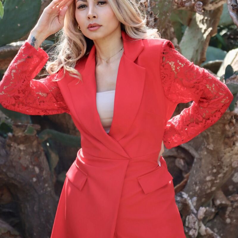 Lace Sleeve Tailored Blazer Playsuit with Wrap Front and Structured Fit