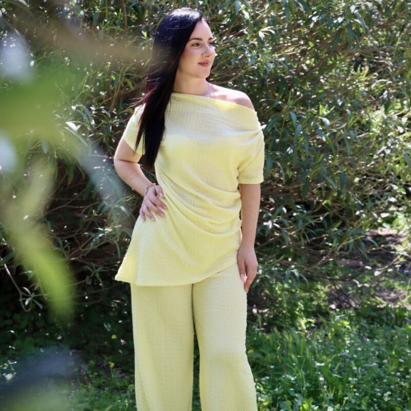 Off-Shoulder Textured Lounge Set with Relaxed Fit Top and Wide-Leg Pants