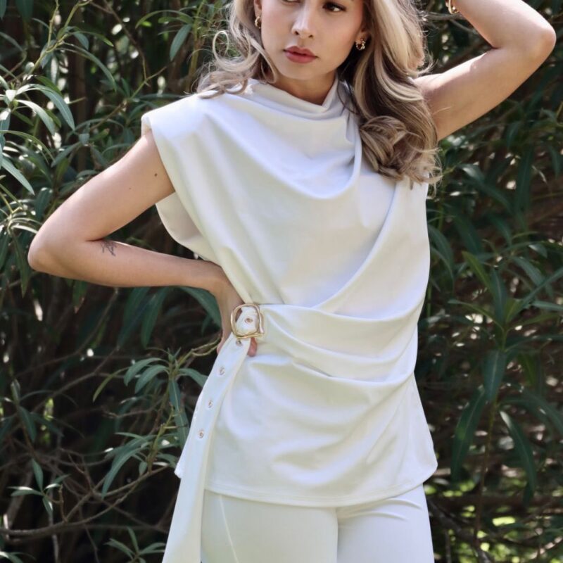 Draped Asymmetric Top with Gold Buckle Detail and Elegant Structured Fit