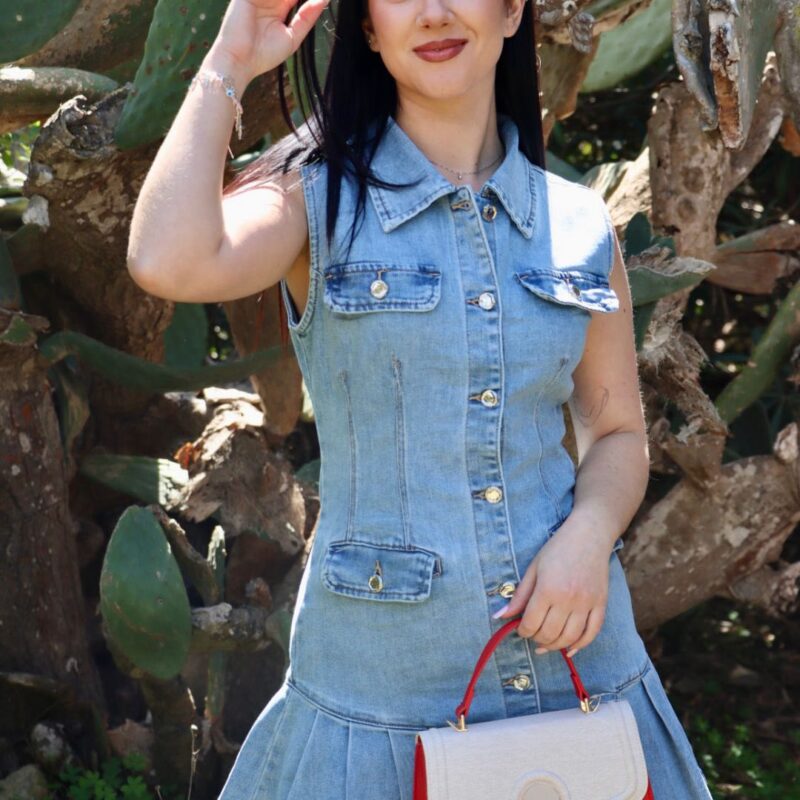 Light Wash Denim Sleeveless Mini Dress with Button Front and Flared Hem