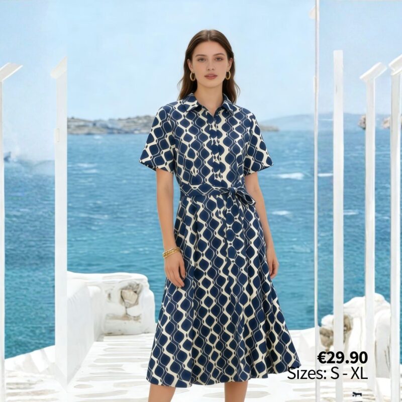 Retro Geometric Print Midi Shirt Dress