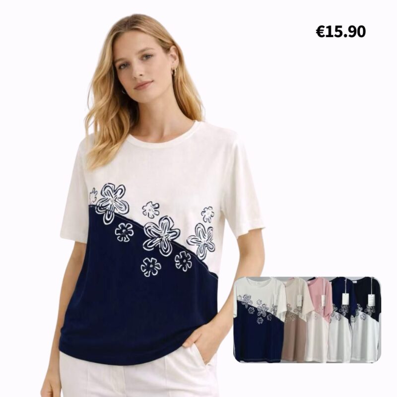 Floral Two-Tone Short-Sleeve Top