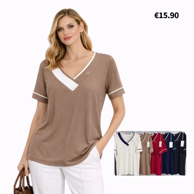 V-Neck Color-Block Short-Sleeve Top