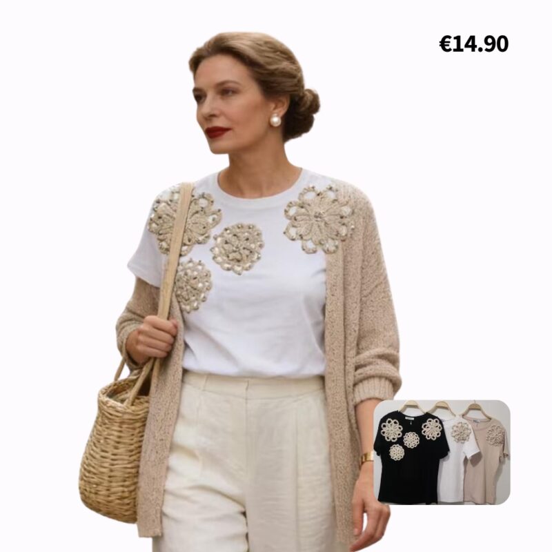 Beaded Neckline Short-Sleeve Top