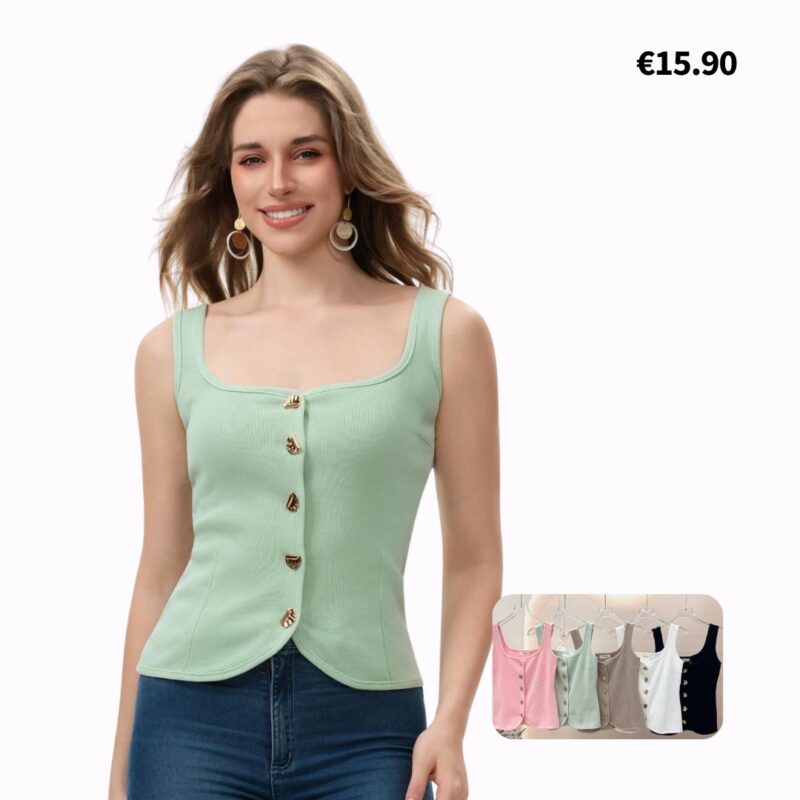 Ribbed Button-Front Square-Neck Tank