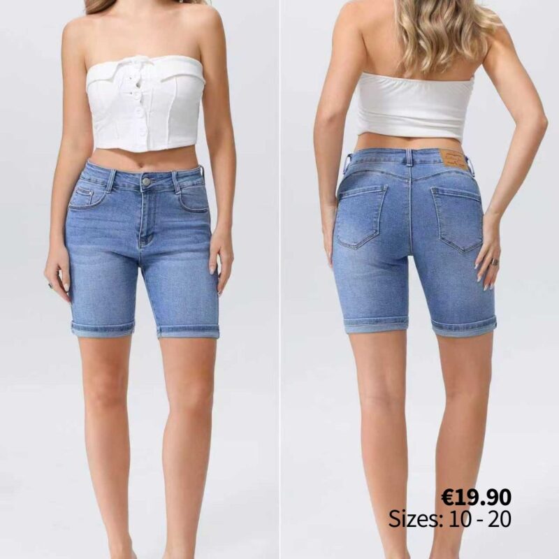 High-Waisted Denim Bermuda Shorts with Rolled Cuffs