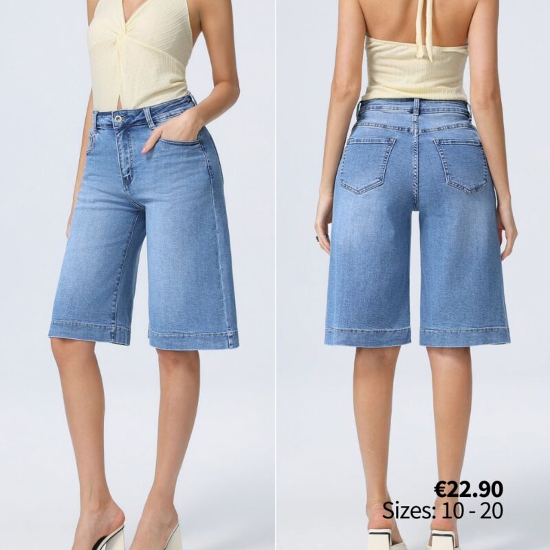 High-Waisted Denim Bermuda Shorts