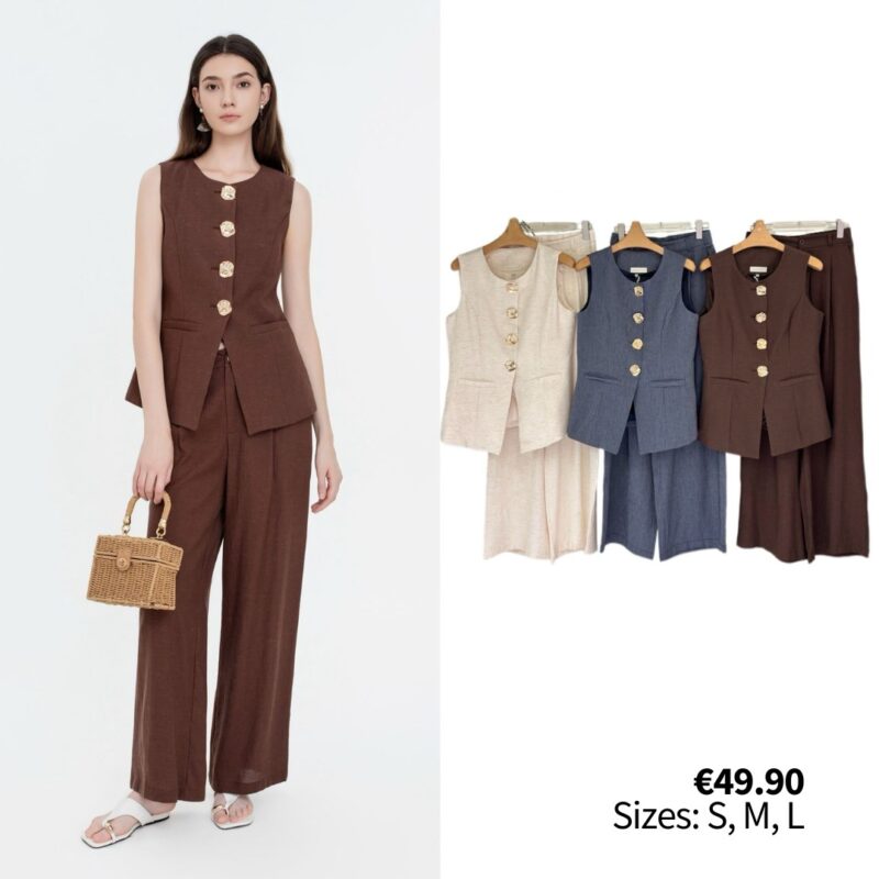 Sleeveless Button-Up Vest and Wide-Leg Pants Set