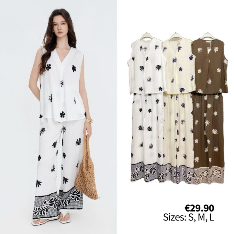 Bohemian V-Neck Sleeveless Blouse and Wide-Leg Pants Set