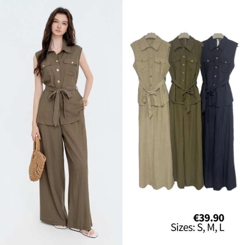 leeveless Button-Up Utility Top and Wide-Leg Pants Set