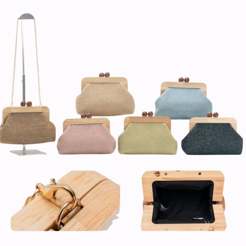 Wooden Frame Woven Straw Clutch Bag