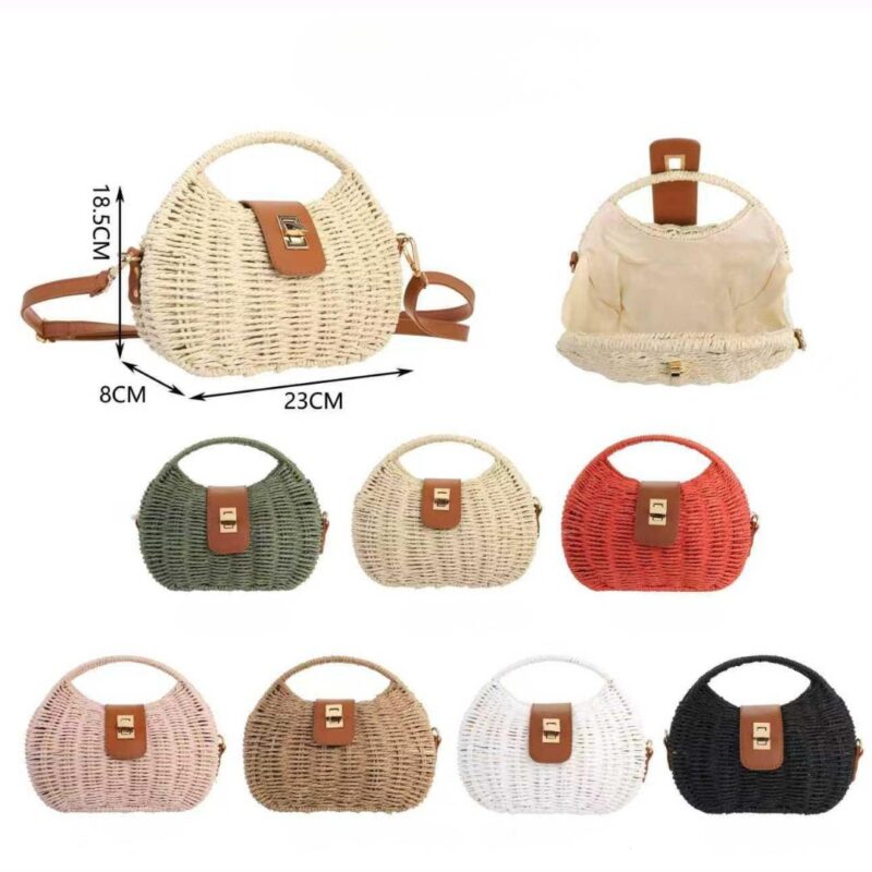 Half-Moon Woven Straw Tote with Leather Trim