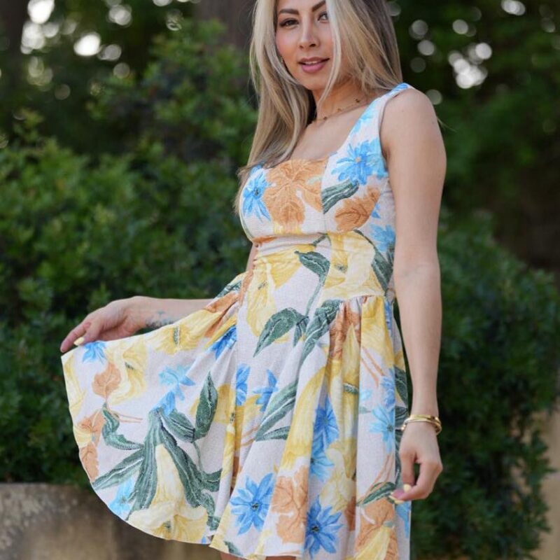 Floral Print Square-Neck Fit-and-Flare Mini Dress