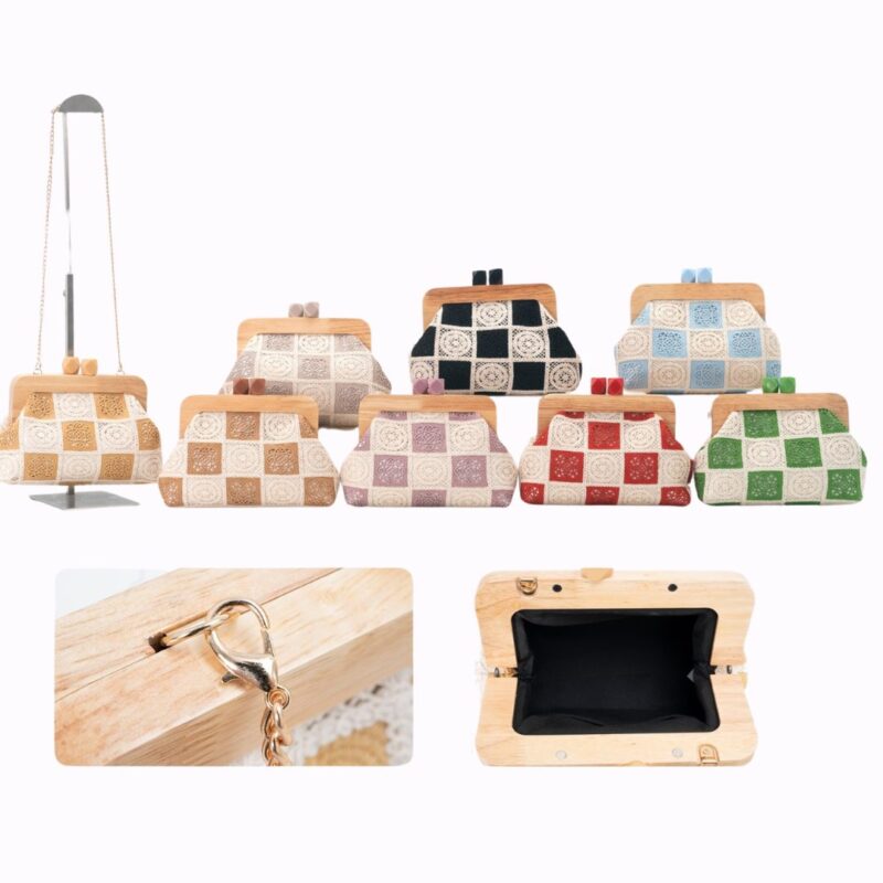 Wooden Frame Checkered Lace Clutch Bag