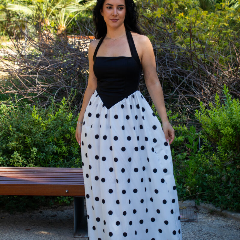 Monochrome Polka Dot Halter Maxi Dress