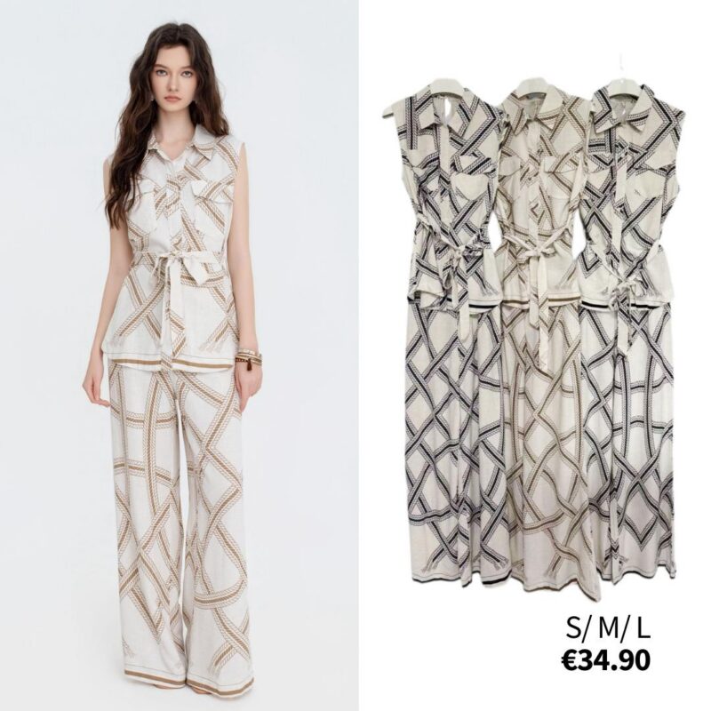 Women's Sleeveless Belted Shirt and Trouser Set
