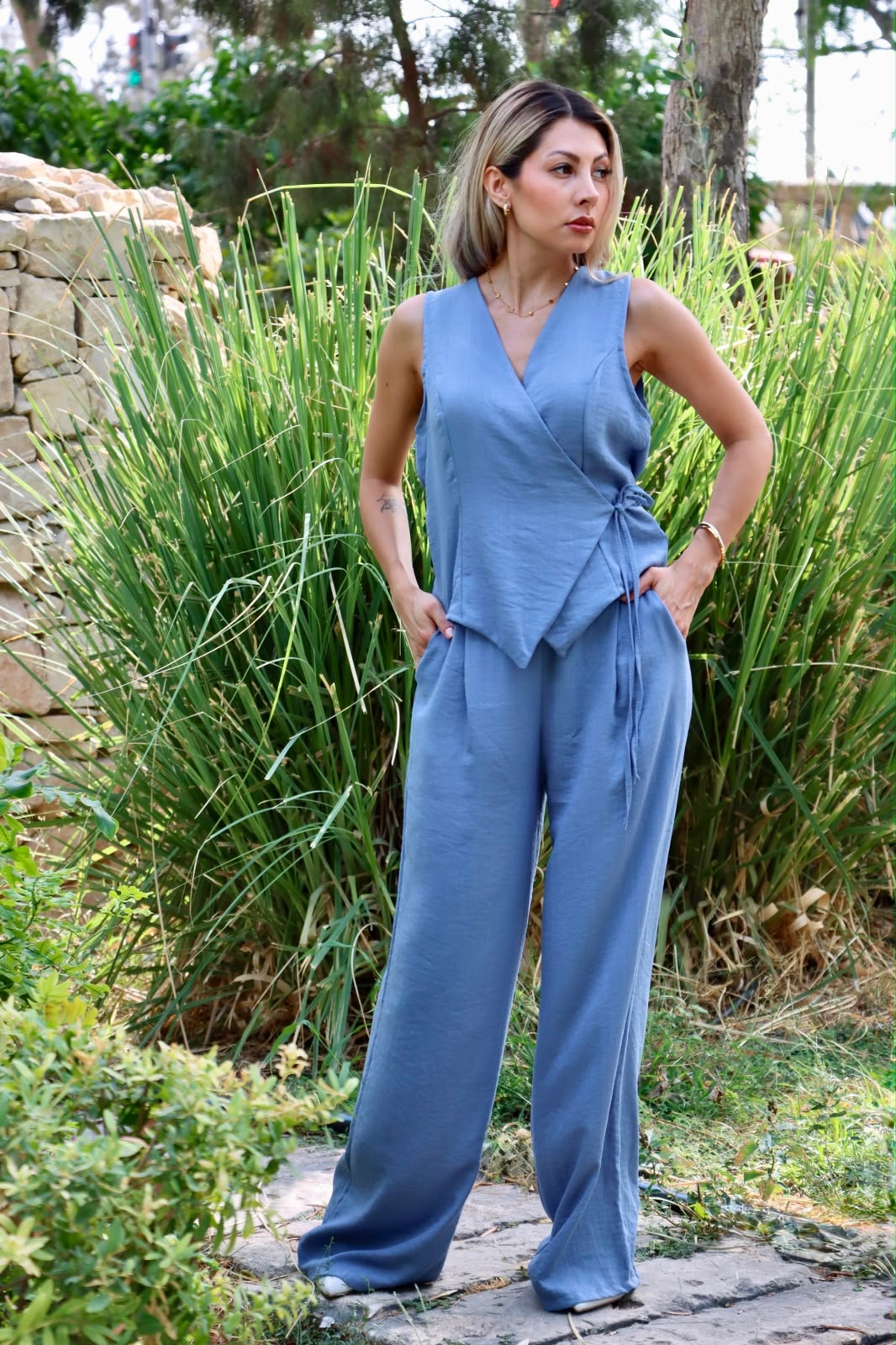 Sleeveless Wrap Top and Pants Set