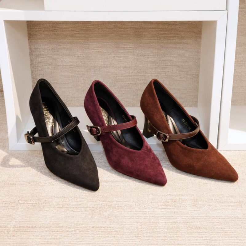 Pointed-Toe Suede Mary Jane Pumps