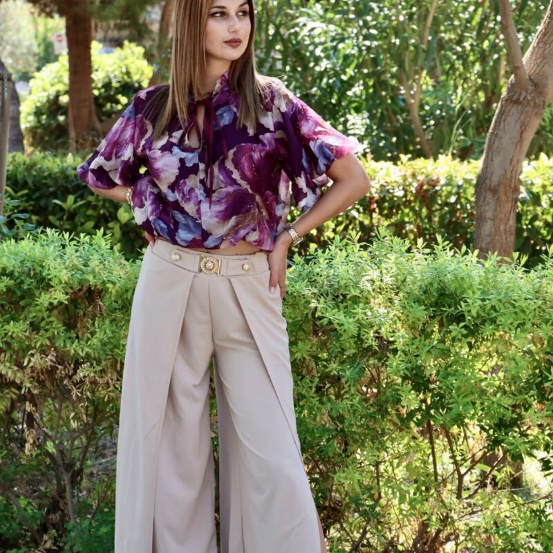 Floral-Print Tie-Neck Ruffle-Sleeve Blouse