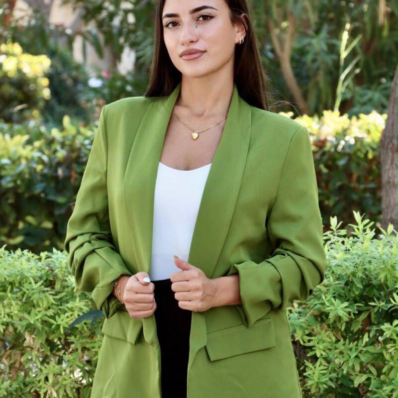 Ruched-Sleeve Open-Front Longline Blazer