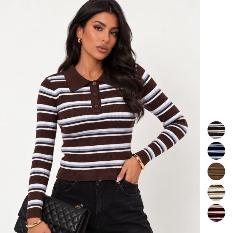 Striped Button-Placket Polo Sweater