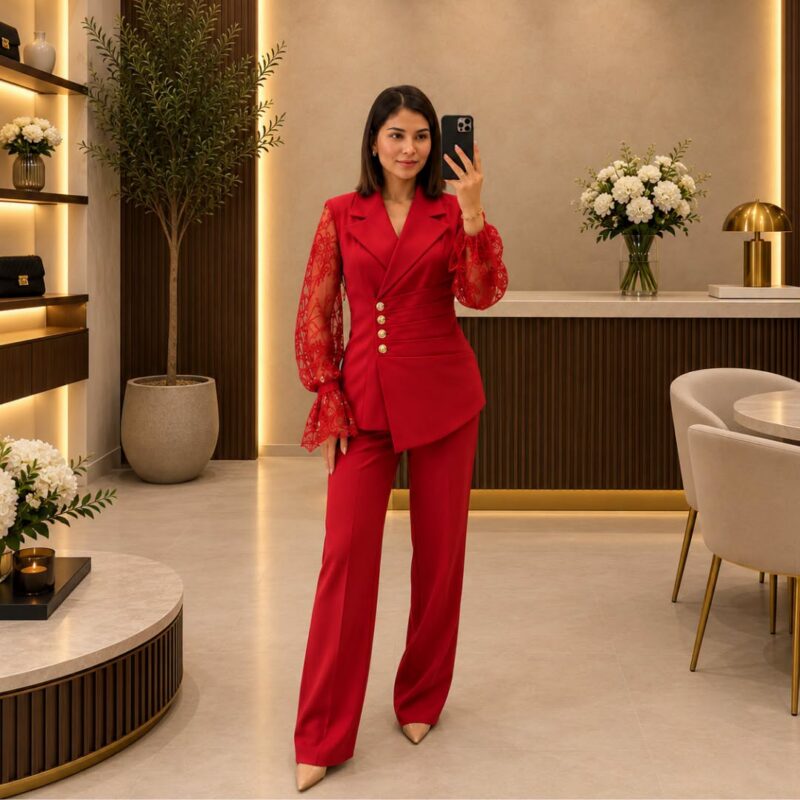 Lace-Sleeve Tailored Power Suit