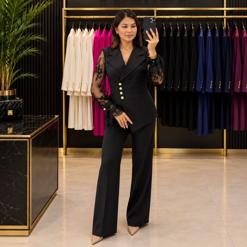 Asymmetric Gold-Button Lace-Sleeve Suit Set