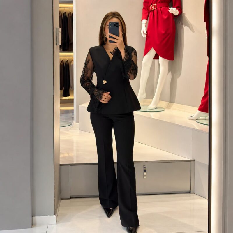 Floral Lace-Sleeve Peplum Suit Set