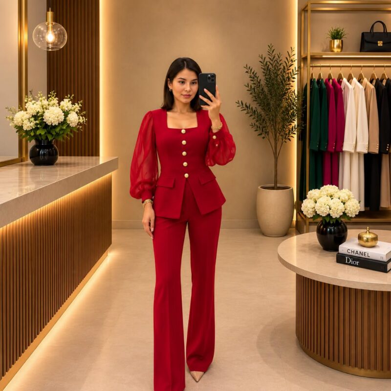 Square-Neck Gold-Button Top & Trouser Suit