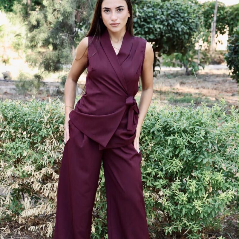 Sleeveless Lapel Belted Top & Loose-Fit Trousers Set